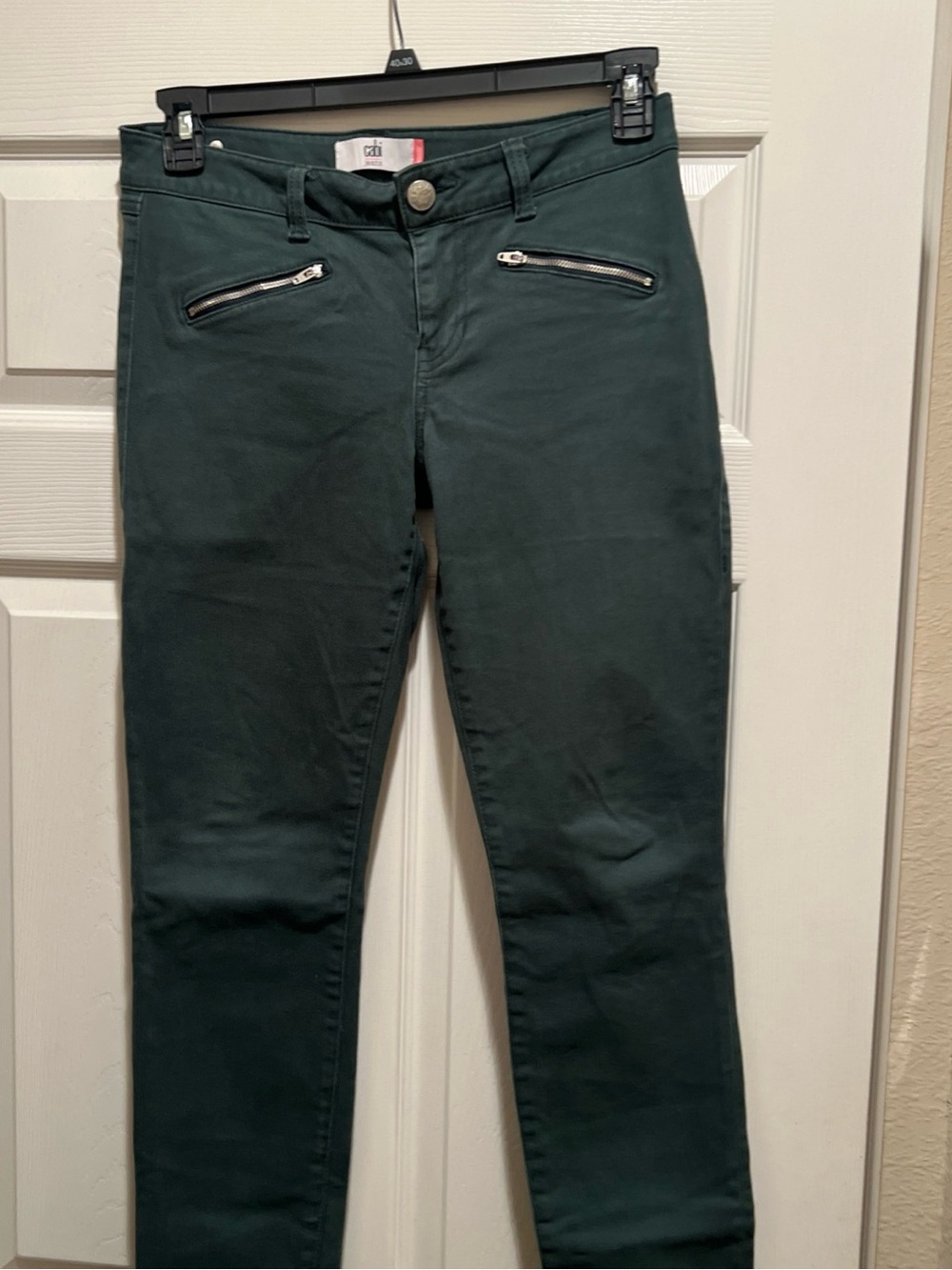 cabi Zip Skinny Moto Jeans Size 6 Dark Hunter Green Zipper Pocket Stretch 3388